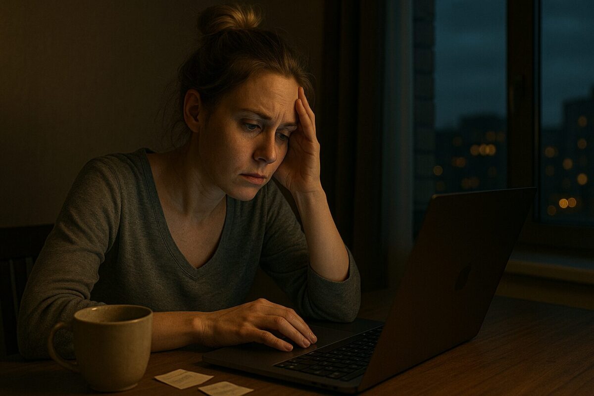 Молодая женщина с уставшим лицом сидит за ноутбуком в тёмной комнате. Одна рука у виска, вторая — на клавиатуре. На столе кружка и бумажки, в окне виден вечерний город. Телефон отсутствует.