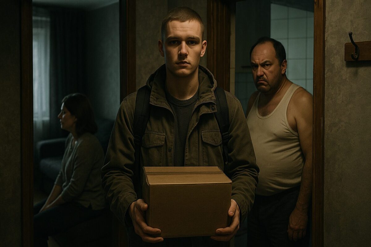 Молодой мужчина с короткой стрижкой и рюкзаком стоит у выхода из квартиры, в руках коробка. Позади — женщина на диване, отвернувшаяся, и мужчина в майке, выглядывающий из кухни с раздражением. Атмосфера мрачная, напряжённая.