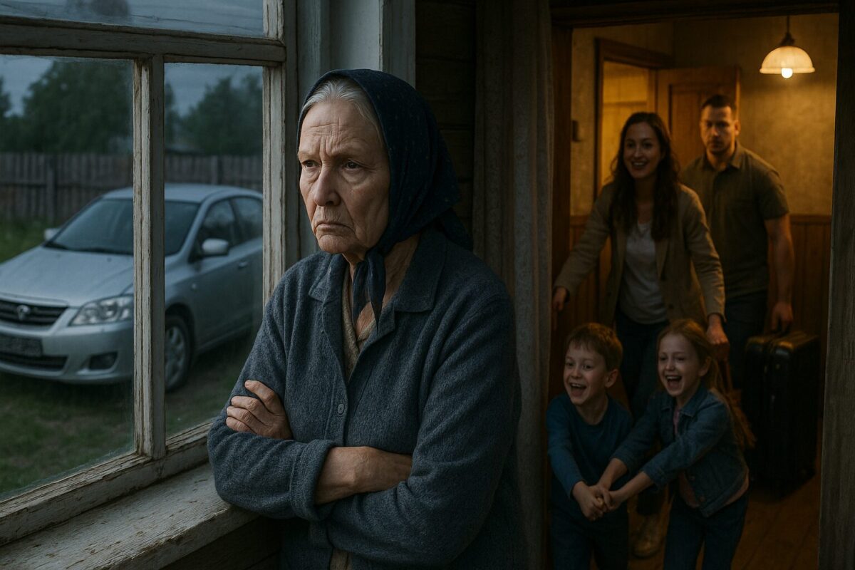 Пожилая женщина в платке с хмурым лицом стоит у окна деревенского дома, глядя на машину во дворе. Позади неё — тускло освещённая кухня, в которую входят улыбающаяся молодая женщина с распущенными волосами, крепкий мужчина с чемоданом и двое радостных детей. Атмосфера напряжённая, чувствуется холодный приём.