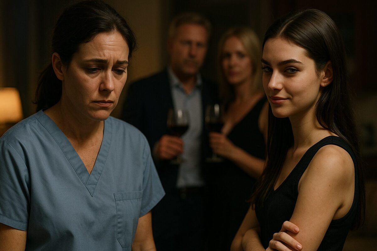 Уставшая женщина в медицинской форме и молодая девушка с надменной улыбкой стоят в напряжённой атмосфере. На заднем плане — мужчина и блондинка с бокалами вина, напряжённое молчание перед бурей.