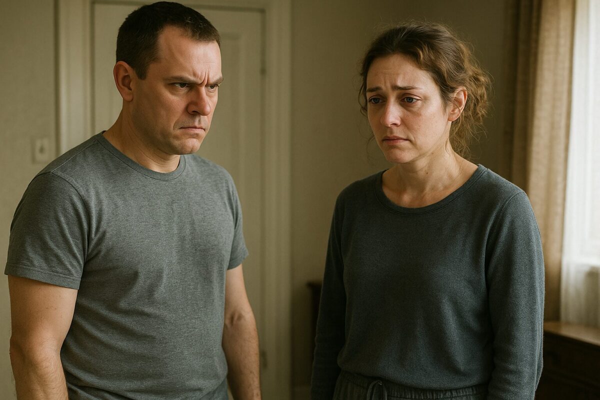 Мужчина с осуждающим выражением лица стоит рядом с женщиной, которая выглядит подавленной и уставшей. Оба в простой домашней одежде, атмосфера напряжённая и эмоционально тяжёлая.