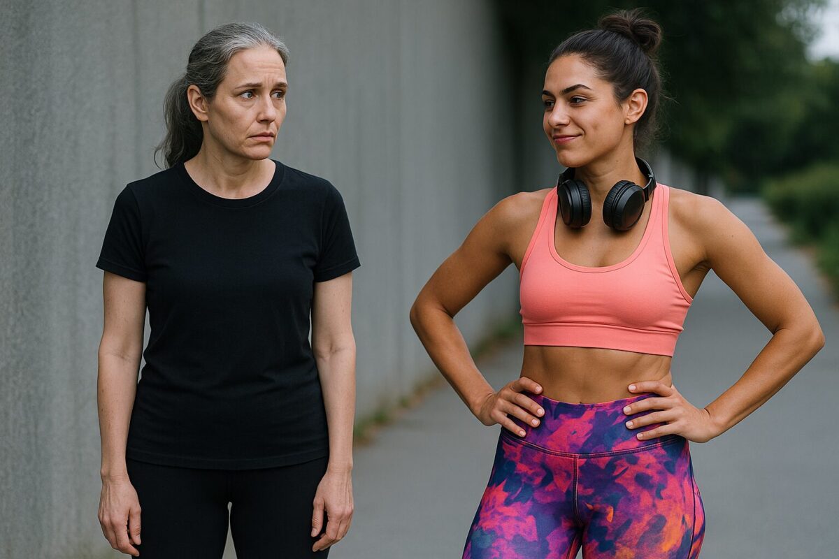 На фото две женщины на фоне серой стены: слева — Марина, 45 лет, в чёрной футболке и лосинах, с седыми прядями в хвосте, с тревожным выражением лица; справа — молодая девушка в ярких лосинах и топе, с наушниками на шее, смотрит на Марину с усмешкой и вызовом. Атмосфера холодная, отчуждённая.