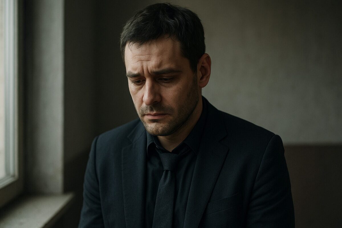 Мужчина около 35 лет в тёмном костюме стоит у окна, взгляд опущен, на лице — усталость и внутренняя борьба. Атмосфера — сдержанная трагичность и напряжённость.