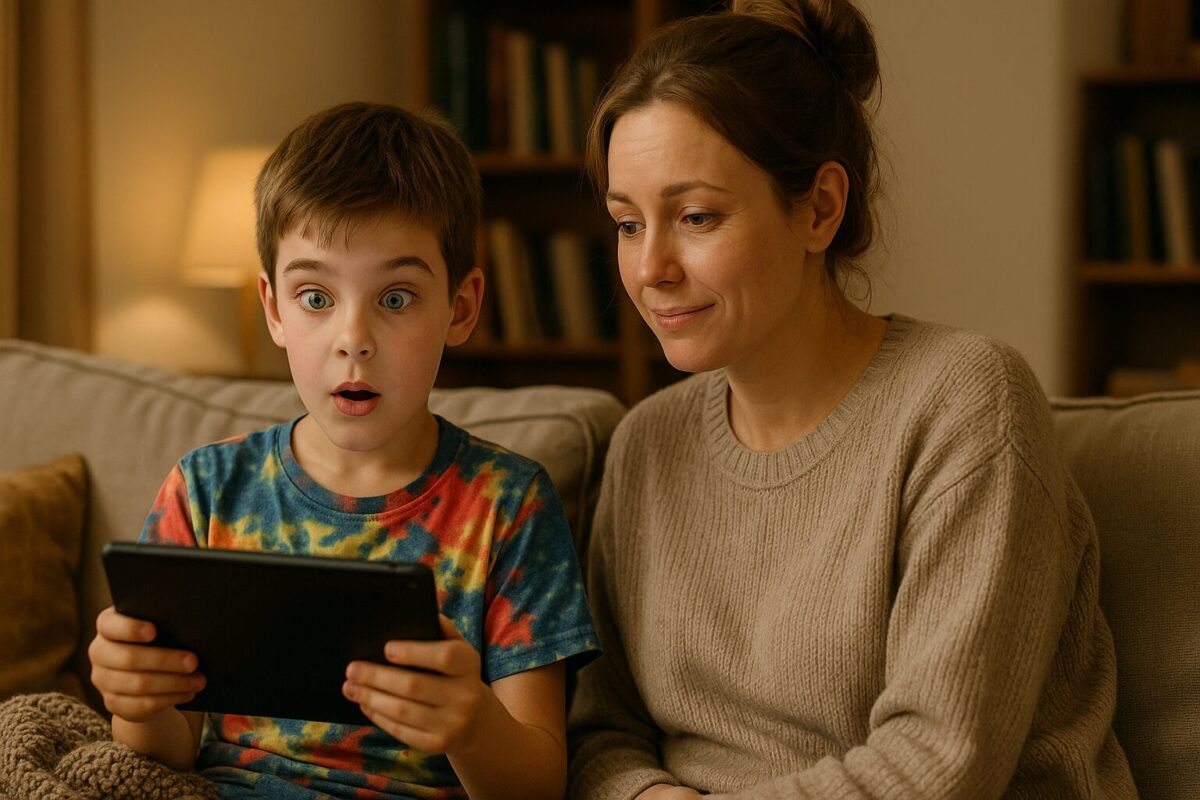 Мальчик с зелёными глазами в яркой футболке смотрит с удивлением на планшет, сидя рядом с матерью, которая наблюдает за ним с мягкой улыбкой в уютной домашней обстановке.