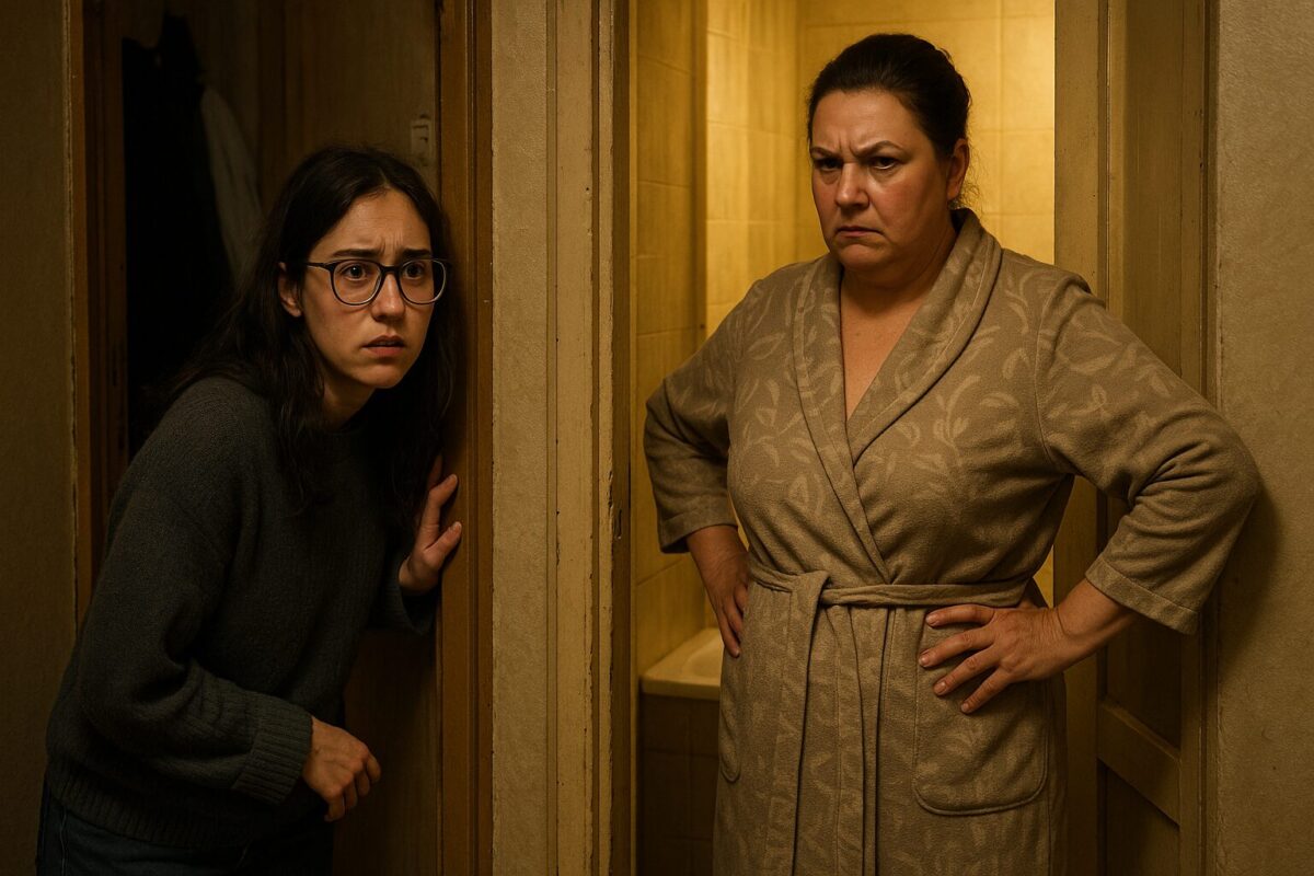 Молодая женщина с испуганным лицом выглядывает из тёмной комнаты в коридоре, опираясь на косяк. Напротив — строгая пожилая женщина в халате, с руками на поясе, стоит в освещённой ванной. Атмосфера напряжённая, бытовая.