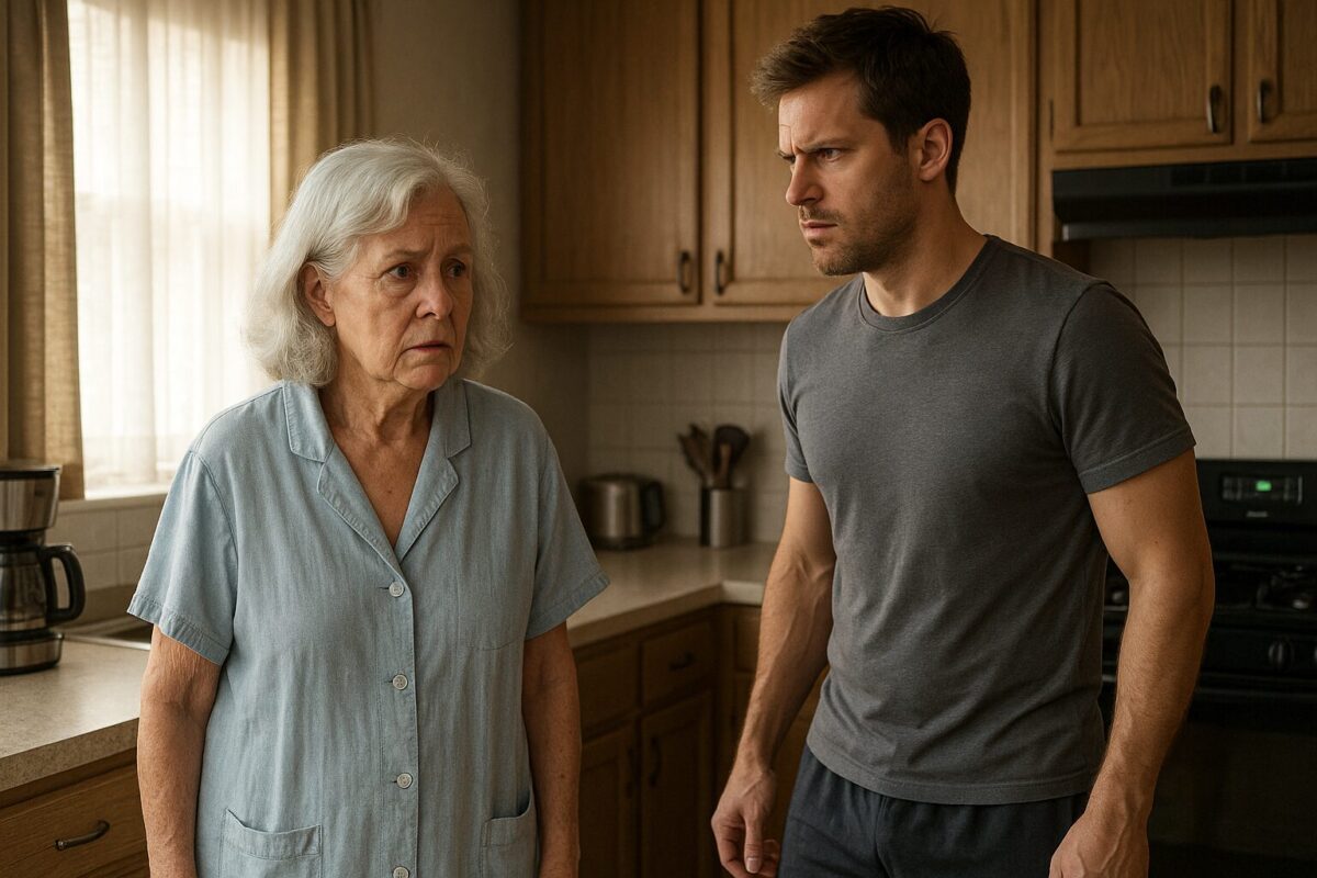В кухне в утреннем свете стоят пожилая женщина в голубом халате с седыми волосами и обеспокоенным выражением лица, и молодой мужчина в серой футболке и шортах, с раздражённым и деловым видом. Атмосфера тревожная и напряжённая.