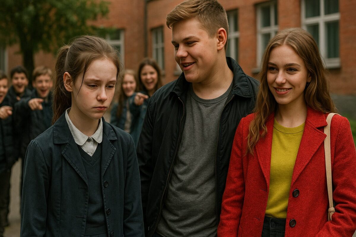 На фоне школьного двора девочка в поношенной форме с опущенным взглядом стоит рядом с насмешливо улыбающимся подростком и эффектной девочкой в яркой одежде, позади — смеющиеся одноклассники, указывающие на неё пальцем. Атмосфера — унижение и внутренняя борьба.