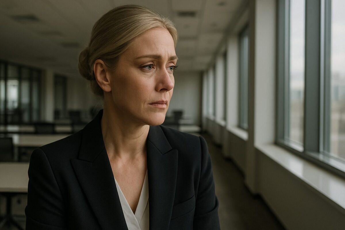Женщина около 45 лет в строгом деловом костюме с аккуратно собранными светлыми волосами стоит у окна в просторном офисе. На её лице — задумчивость, в глазах — легкий блеск от сдерживаемых эмоций. Атмосфера — одиночество и ностальгия.