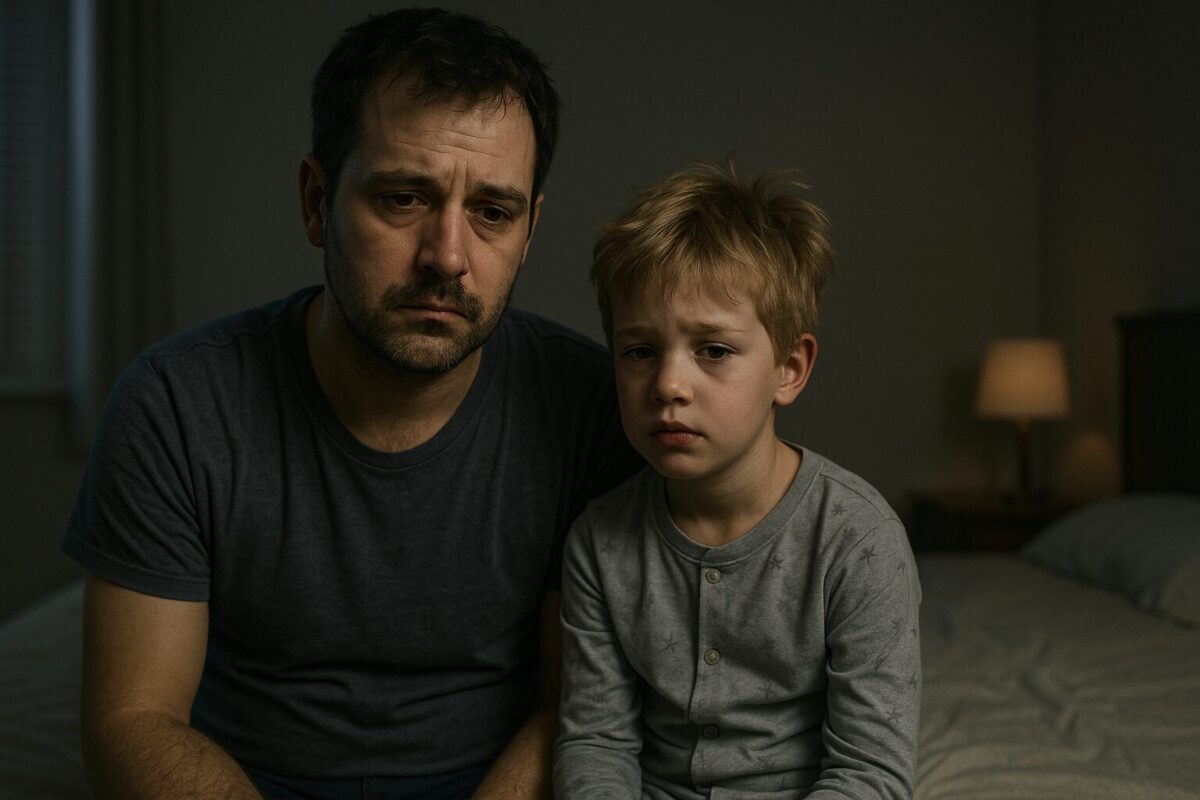 Уставший мужчина в домашней футболке и сонный мальчик в пижаме сидят рядом на кровати в полумраке спальни, их лица серьёзны и обеспокоены; между ними — молчаливая эмоциональная связь.