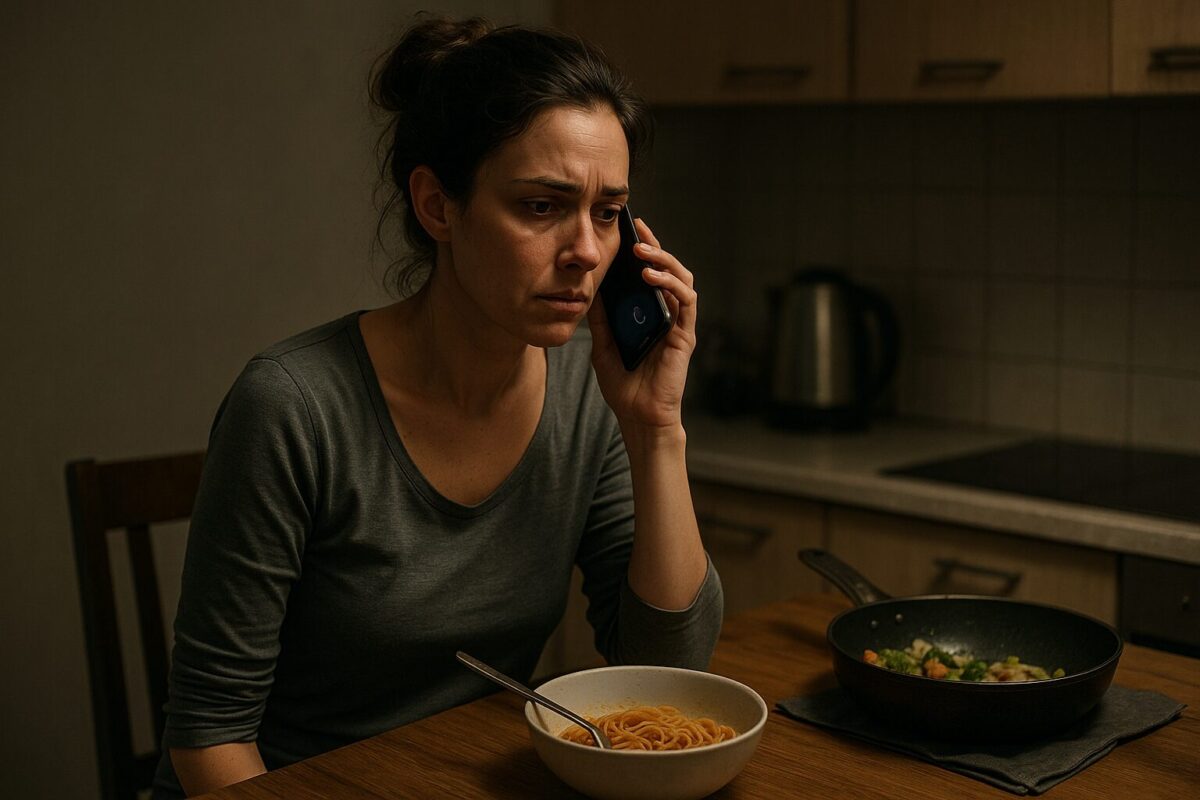 Усталого вида женщина лет тридцати пяти с темными волосами, собранными в беспорядочный пучок, сидит на тускло освещенной кухне, прижимая к уху телефон. На ней повседневная домашняя одежда, а выражение лица усталое и напряженное. На столе перед ней тарелка с недоеденными макаронами и сковорода с овощами. Освещение и атмосфера передают напряжение и усталость.