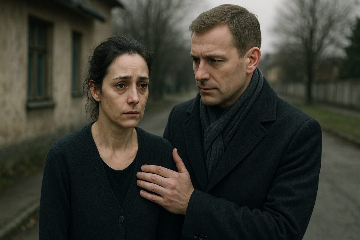 Вера — худощавая женщина около 40 лет с тревожным взглядом, в тёмно-синем кардигане, стоит рядом с Павлом — высоким мужчиной в пальто и шарфе, который сочувственно смотрит на неё, положив руку на плечо. Атмосфера сцены сдержанно-драматичная, холодный день, пустая улица на фоне.