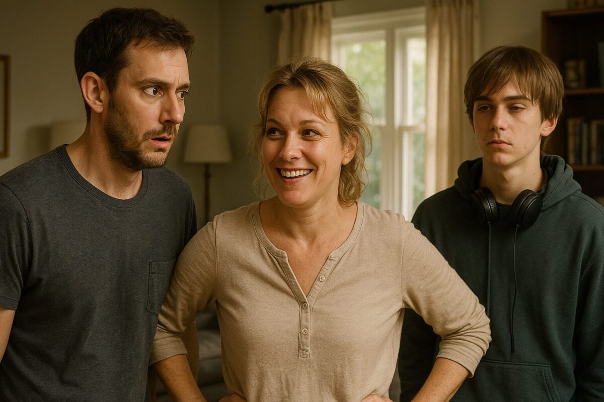 Трое человек в комнате: мужчина с напряжённым лицом, женщина с жизнерадостной улыбкой и подросток с наушниками и отстранённым выражением. Атмосфера — замешательство и лёгкий шок.