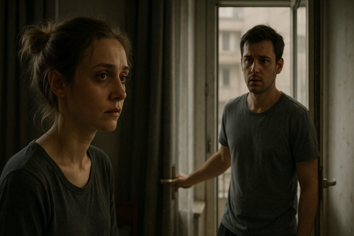 Женщина с небрежным пучком и усталым взглядом сидит в тускло освещённой комнате, на фоне мужчина в футболке открывает дверь на балкон, выглядя растерянным. Атмосфера напряжённая, гнетущая.