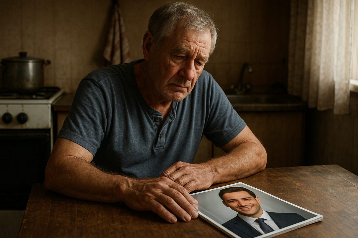 Пожилой мужчина с усталым выражением лица сидит за кухонным столом и смотрит на журнал с обложкой, на которой изображён уверенный молодой мужчина в деловом костюме. Атмосфера скромной кухни и контраст между двумя поколениями подчёркивают тему ностальгии и внутренней боли.