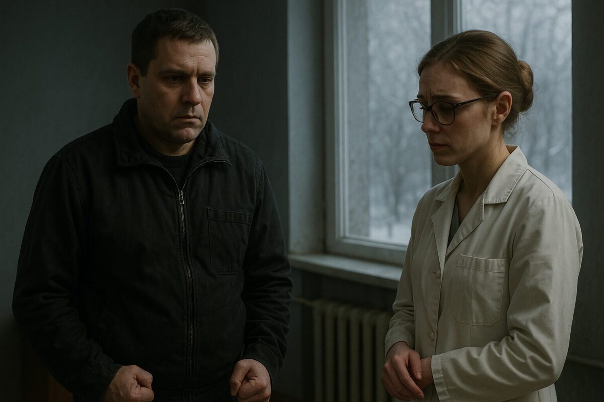 Мужчина в тёмной куртке с пустым взглядом и сжатыми кулаками стоит рядом с врачом в белом халате. Она смущённо опустила взгляд. За окном виден снег, подчеркивая холодную, напряжённую атмосферу.