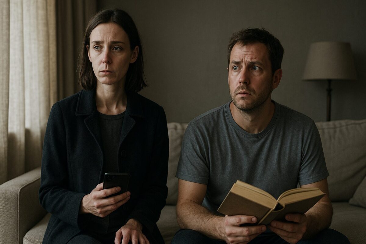 Женщина с тревожным выражением лица держит телефон, рядом сидит мужчина с книгой, обеспокоенно смотрит вверх; обстановка домашняя, освещение мягкое, атмосфера напряжённая.