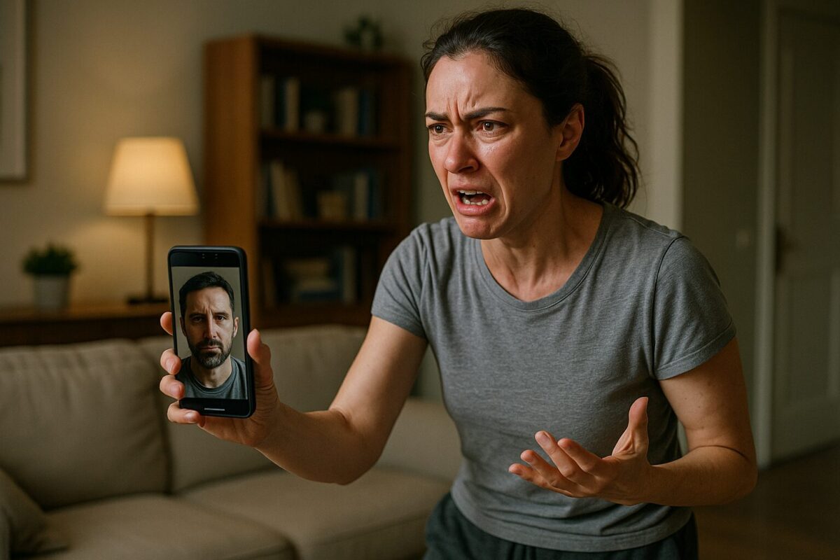 Алена — худая женщина в домашней одежде с перекошенным от злости лицом — держит в руке смартфон с изображением мужчины, Вадима, с уставшим взглядом. Атмосфера сцены — напряжённая и конфликтная.