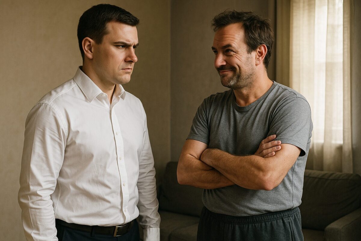 Два мужчины стоят лицом друг к другу в напряжённой обстановке. Один в белой рубашке с нахмуренным лицом, другой в серой футболке с насмешливой ухмылкой и скрещёнными руками.