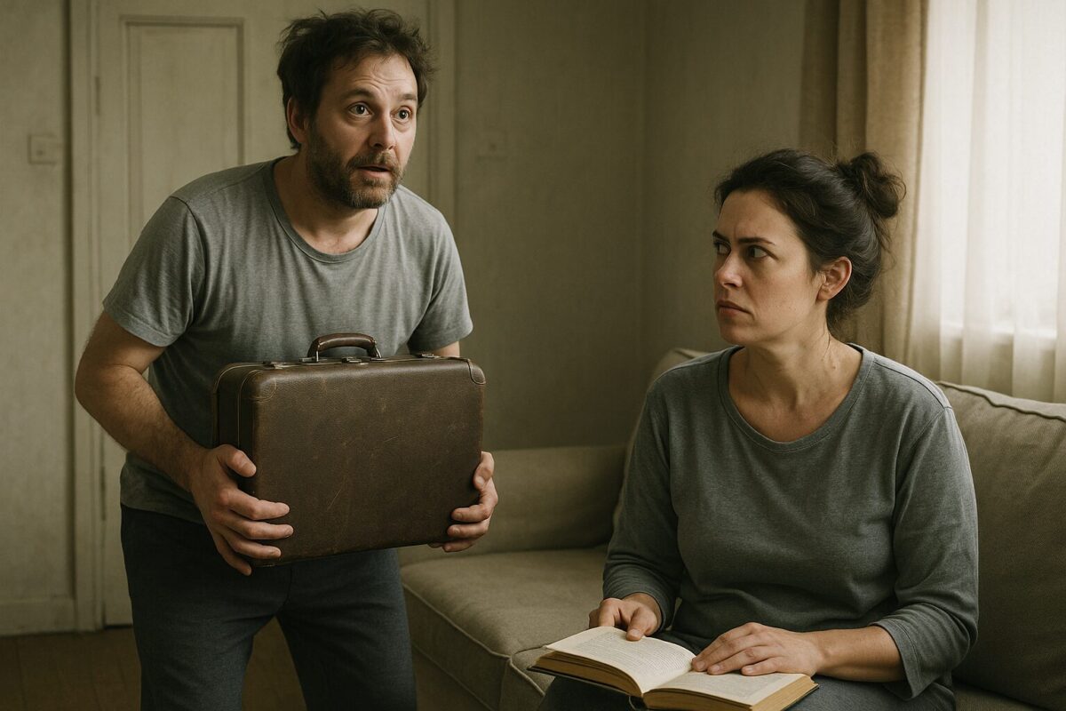 Мужчина с чемоданом стоит перед женщиной, сидящей на диване с книгой на коленях. Мужчина выглядит возбуждённым и вдохновлённым, женщина — настороженной и усталой. Атмосфера напряжённая, сцена будто перед важным заявлением.