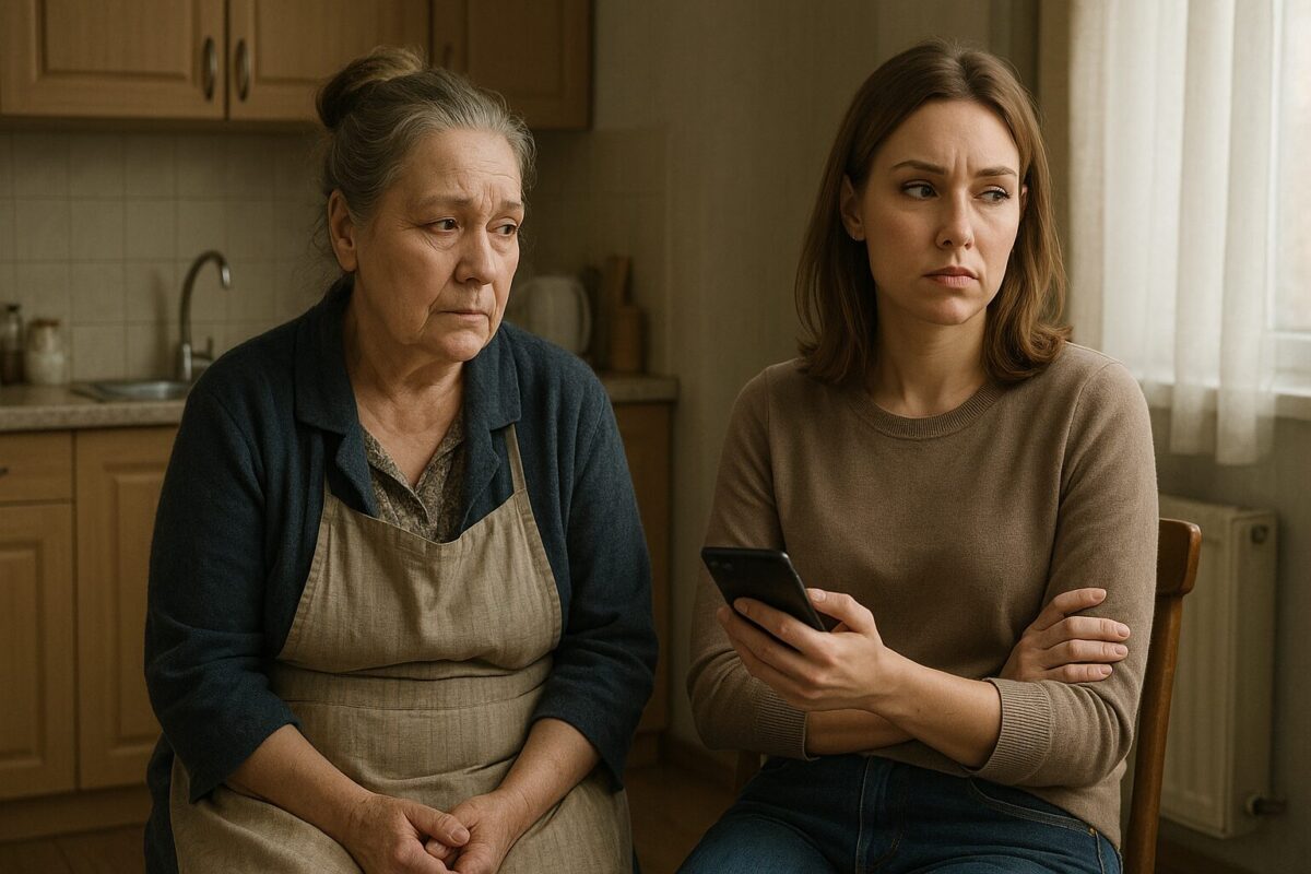 На кухне сидят две женщины — пожилая и молодая. Пожилая, в фартуке и кофте, выглядит уставшей и обеспокоенной. Молодая, с телефоном в руке, смотрит в сторону с раздражённым выражением лица. Атмосфера сцены напряжённая, между ними чувствуется отчуждение.