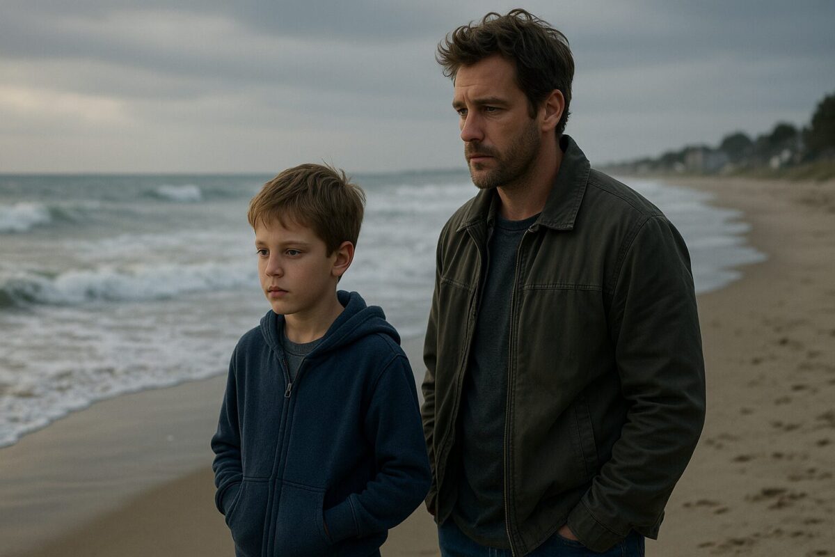 На берегу моря стоят мужчина и мальчик. Пляж пустынный, небо пасмурное, ветер играет волосами. Мальчик лет десяти — в синей толстовке, руки в карманах, взгляд опущен. Мужчина — около сорока, в куртке и джинсах, с задумчивым, грустным выражением лица. Оба смотрят вдаль, где волны набегают на берег. Их фигуры молчаливо выражают напряжение и неразрешённый разговор.