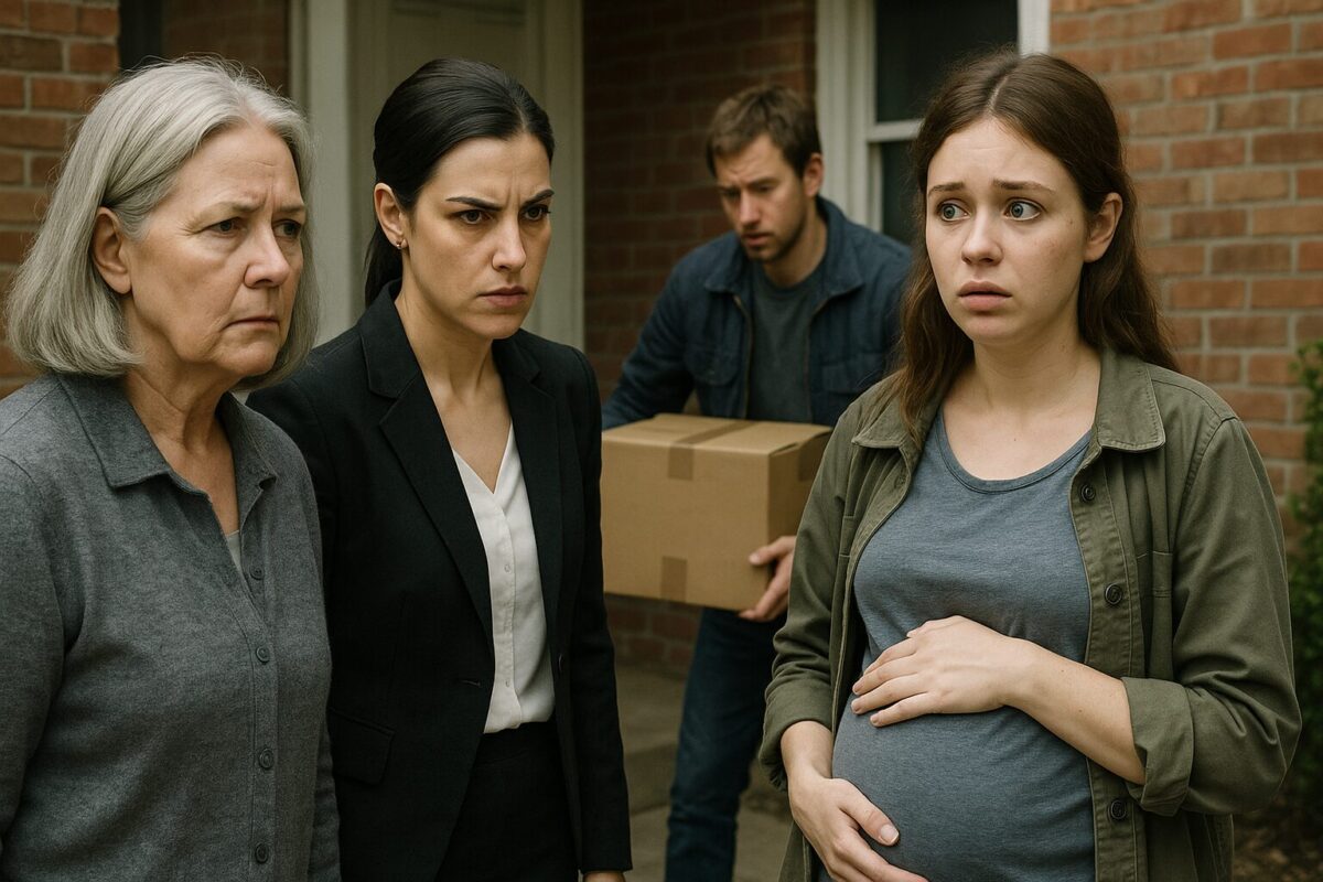 На фоне кирпичного дома стоят три женщины и мужчина. Пожилая женщина с седыми волосами и строгим лицом — слева. Рядом с ней — молодая деловая женщина с тёмными волосами, нахмуренная. Справа — беременная девушка с растерянным выражением лица. На заднем плане мужчина в куртке несёт коробку. Атмосфера напряжённая, сдержанный конфликт.