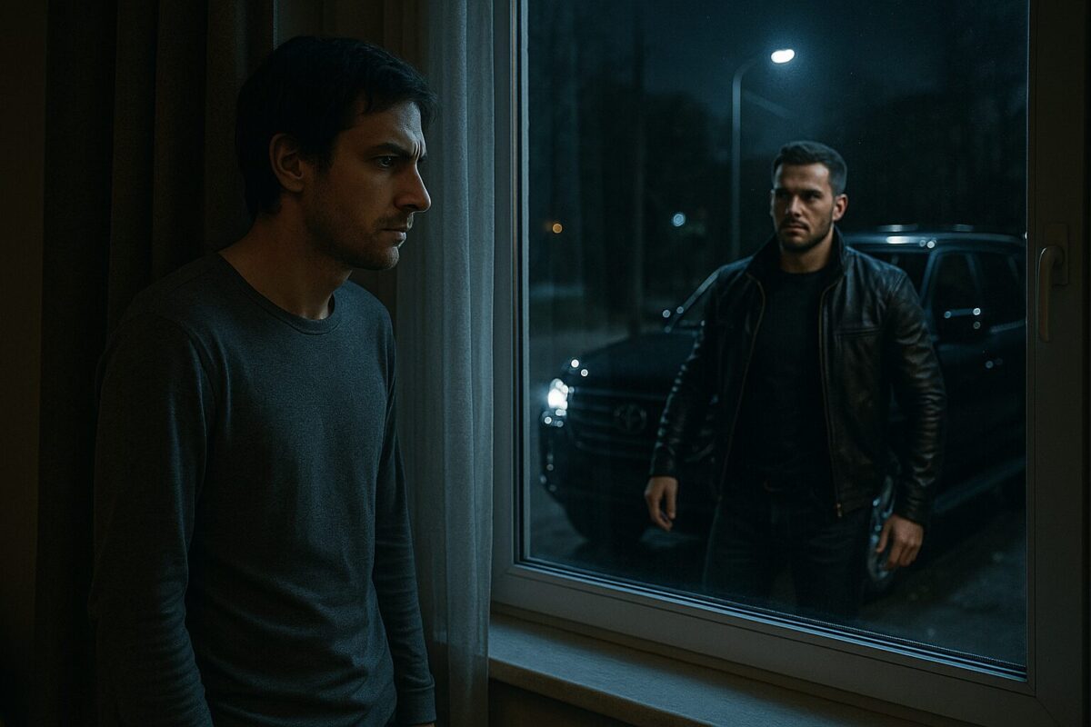 Максим — худощавый мужчина в домашней одежде стоит у окна в полутёмной квартире, напряжённо глядя наружу. За стеклом, под холодным светом фонаря, уверенно выходит из чёрного внедорожника крепкий мужчина в кожаной куртке — Роман. Атмосфера тревожная, между ними ощущается скрытый конфликт.