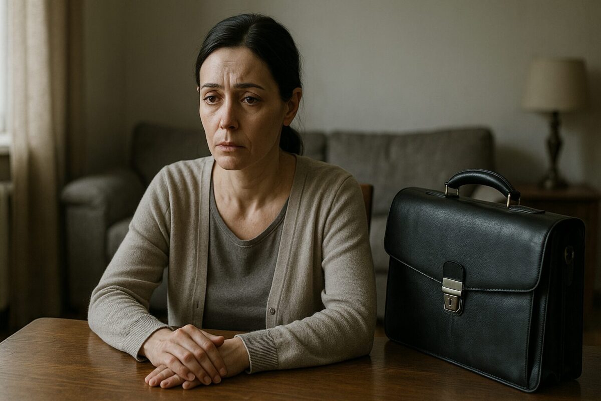 Женщина средних лет в домашней одежде сидит за столом в полутёмной комнате, рядом — кожаный мужской портфель. На лице — тревожное, подавленное выражение. Атмосфера сцены — напряжённая, момент внутреннего надлома.