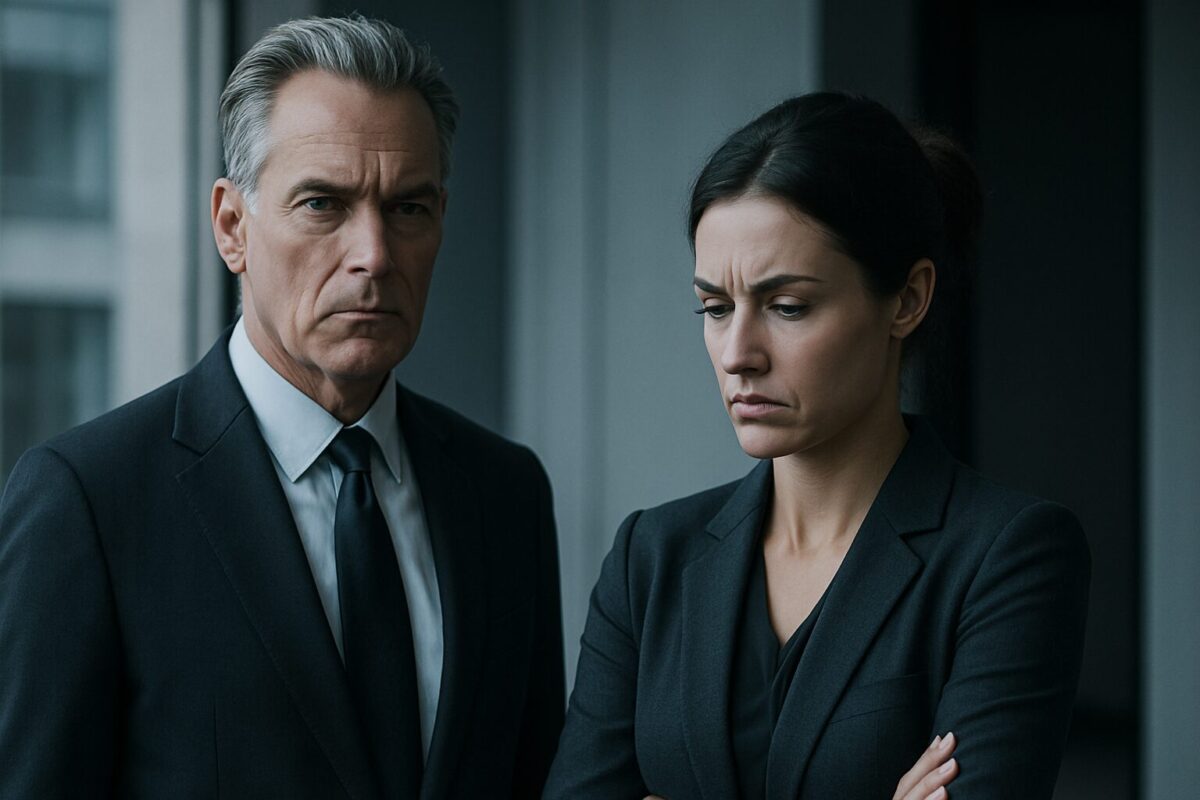 Мужчина в тёмном костюме с холодным выражением лица и молодая женщина с напряжённым лицом в деловом наряде стоят рядом в офисе. Атмосфера отчуждённая и напряжённая, словно между ними назревает внутренний конфликт.