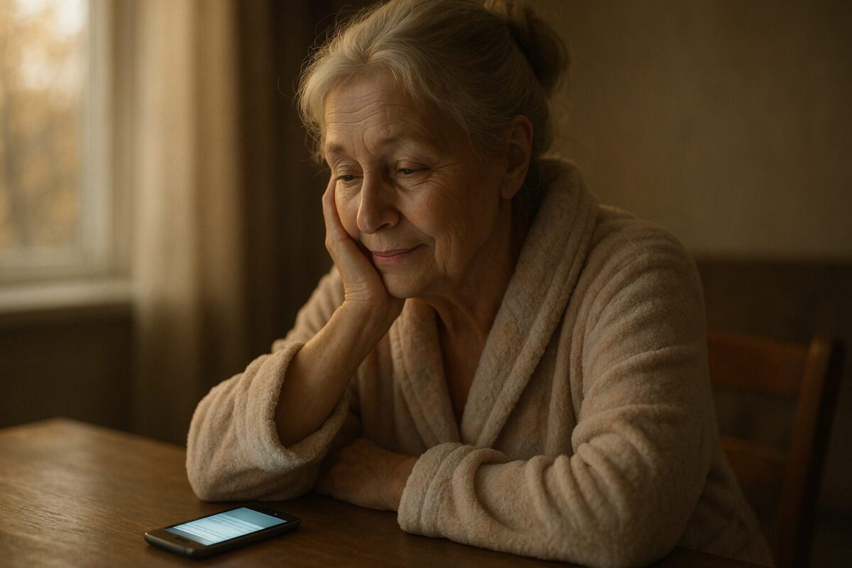Пожилая женщина в уютном халате пастельного цвета сидит за деревянным столом, опираясь щекой на руку, и с мягкой улыбкой смотрит на экран телефона, лежащего перед ней. Утренний свет из окна создаёт тёплую, немного грустную атмосферу осеннего утра
