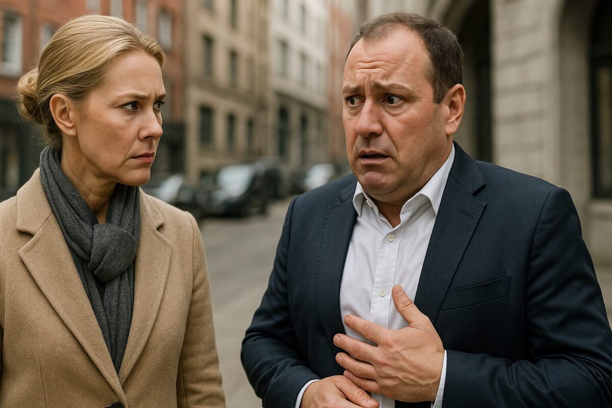 На городской улице женщина в элегантном пальто и шарфе внимательно и с подозрением смотрит на мужчину в костюме с расстёгнутым воротником; он выглядит смущённым и напряжённым, держит руку у груди.