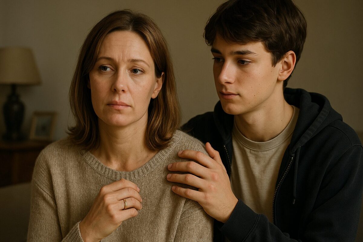 Уставшая женщина с русыми волосами и обручальным кольцом смотрит в сторону, рядом стоит её 16-летний сын, положив руку ей на плечо. Атмосфера тёплая, но с оттенком грусти.