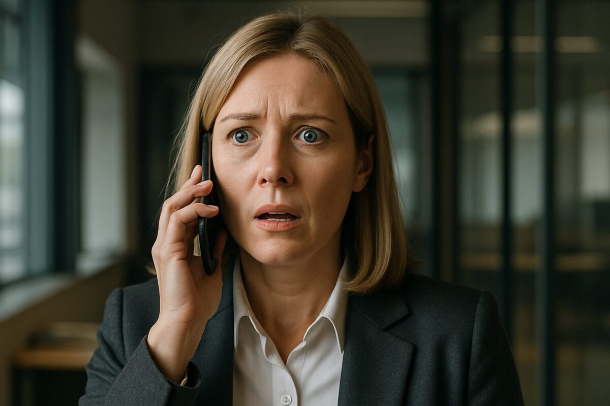 Женщина около 45 лет со светлыми волосами и в деловом костюме, в шоке смотрит перед собой, прижимая телефон к уху; её лицо выражает осознание предательства, губы приоткрыты, глаза расширены. Сцена происходит в офисе, атмосфера напряжённая, застылая.
