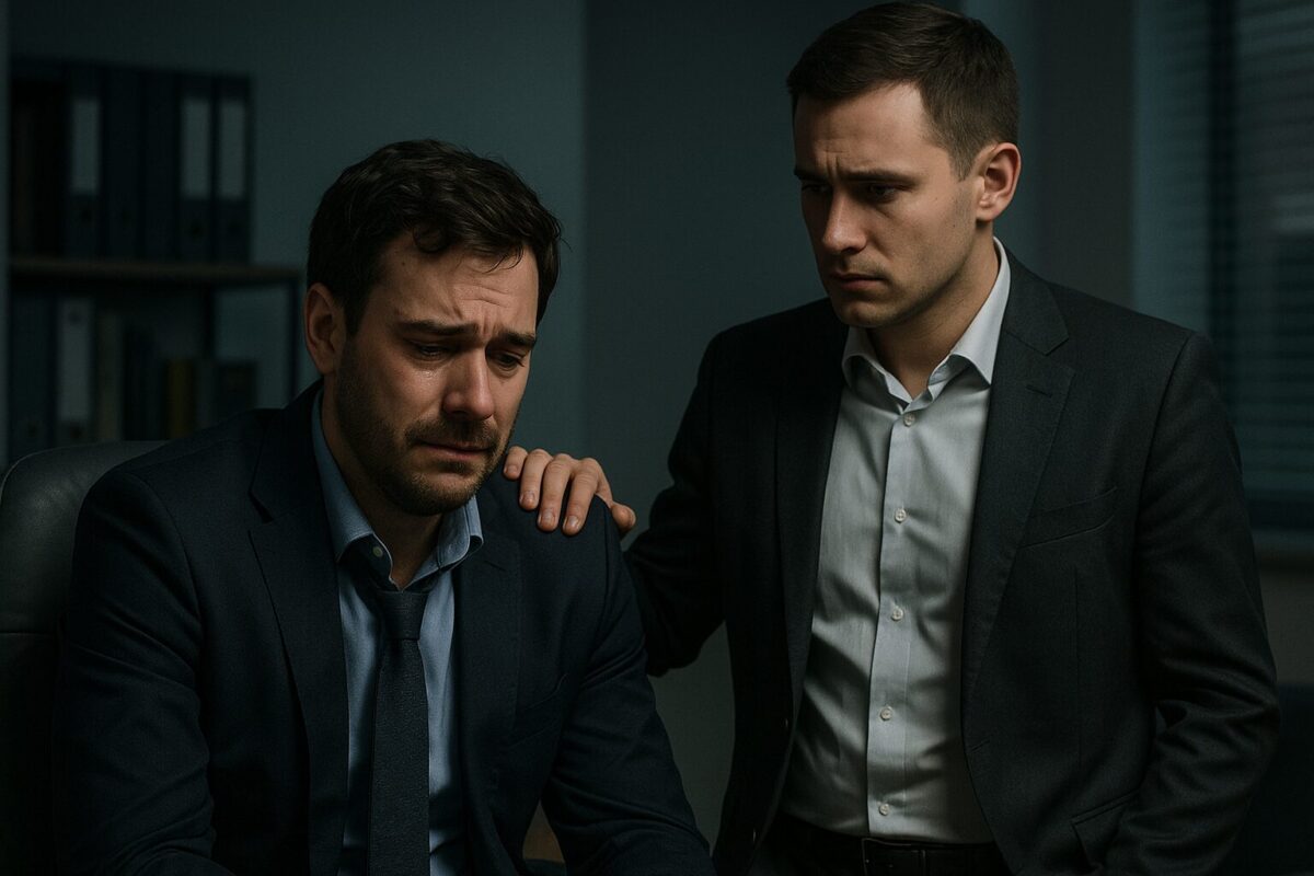 Двое мужчин в офисе. Один — Виктор, сидит в кресле, выглядит подавленным, со слезами на лице, в деловом костюме. Второй — Андрей, стоит рядом, сочувственно смотрит на него и кладёт руку на плечо. Освещение приглушённое, атмосфера напряжённая и грустная.