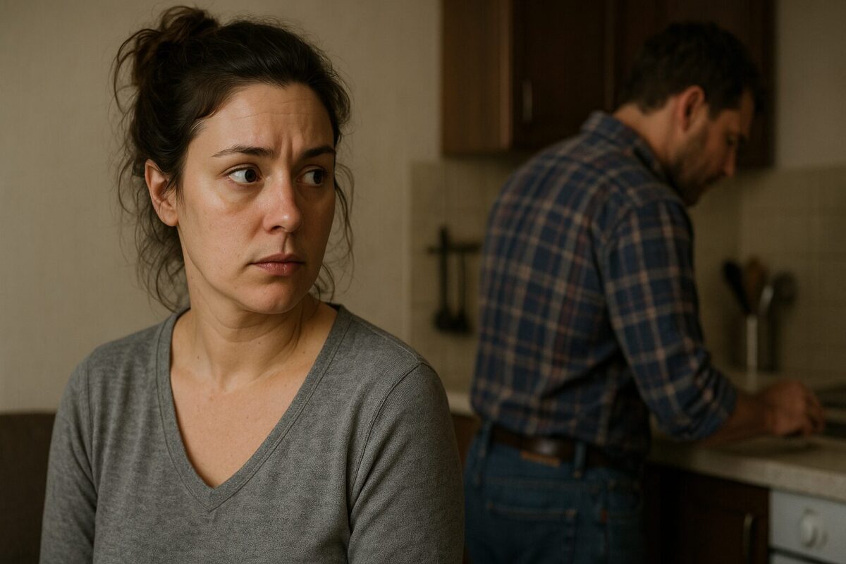 Женщина в серой домашней одежде с тёмными волосами в пучке сидит в комнате с настороженным выражением лица, на фоне мужчина в клетчатой рубашке работает у кухонной стойки, сцена освещена мягким естественным светом, атмосфера напряжённая и интригующая.