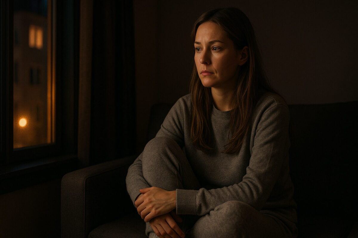 Молодая женщина с длинными русыми волосами сидит в тёмной комнате у окна, одета в серый трикотажный костюм и тёплые носки. Её лицо задумчиво и тревожно освещено уличным светом, льющимся из окна. Атмосфера — тишина, одиночество, внутреннее напряжение.