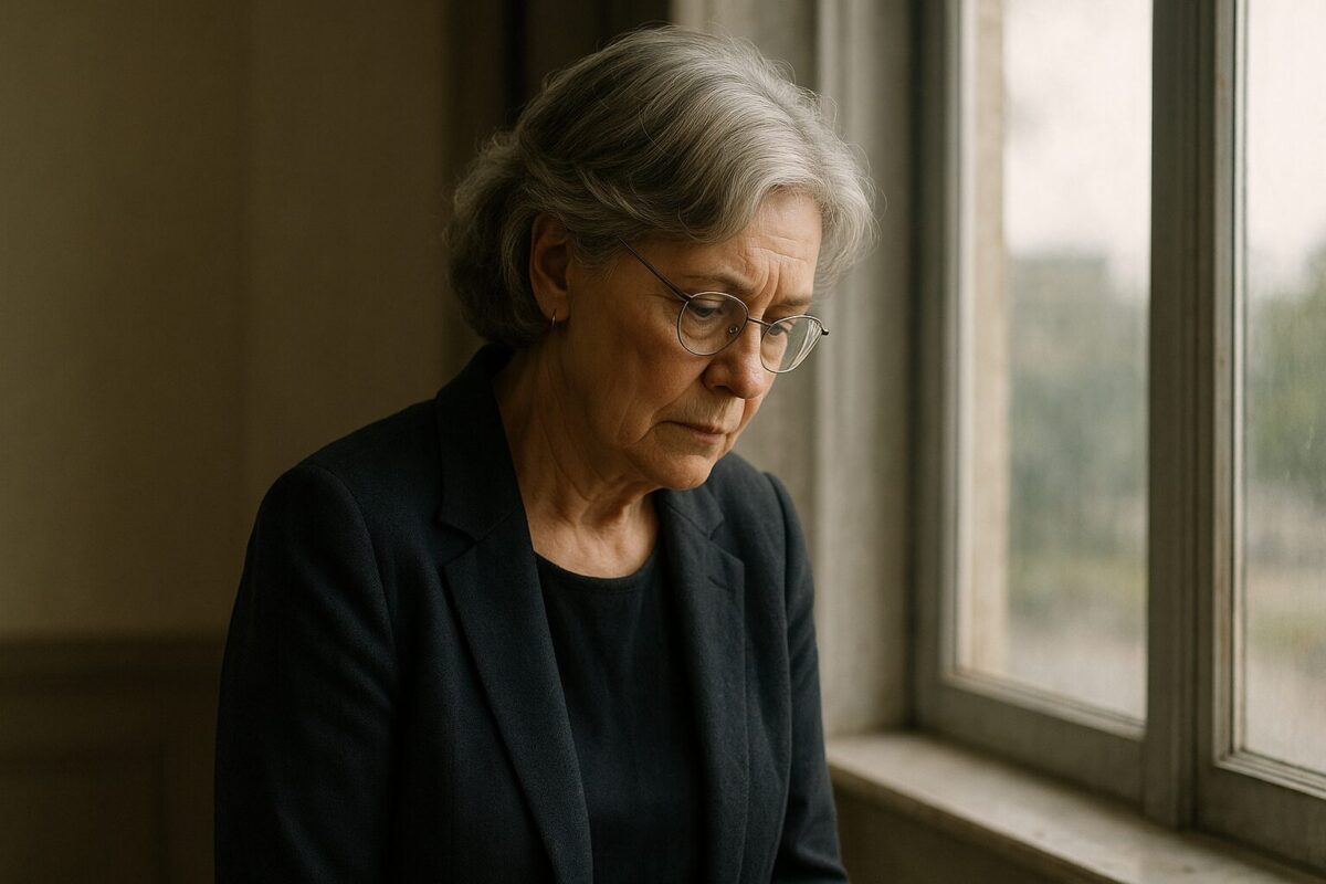 Пожилая женщина с аккуратно уложенными седыми волосами и очками на цепочке стоит у окна. Она слегка сутулится, смотрит вниз с грустью. Освещение мягкое, естественное. Атмосфера — прощание и тихая тревога перед будущим.