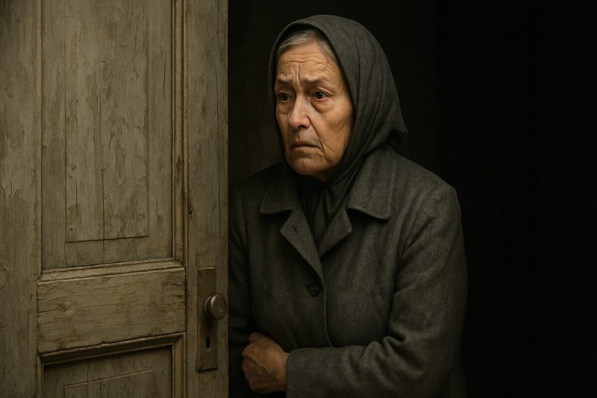 Пожилая женщина в сером пальто и тёмном платке стоит у старой деревянной двери. Её лицо освещено мягким дневным светом, выражение — тревожное, настороженное. Атмосфера сцены напряжённая, наполненная предчувствием.