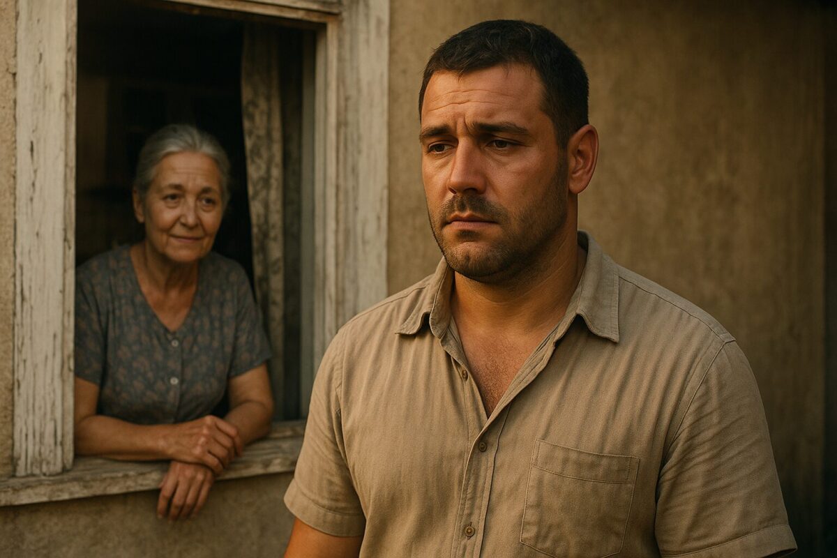Мужчина около 30 лет с крепким телосложением и загорелым лицом стоит у дома, погружённый в задумчивость; из окна кухни выглядывает пожилая женщина с доброжелательной улыбкой. Атмосфера тёплая, с налётом грусти и воспоминаний.