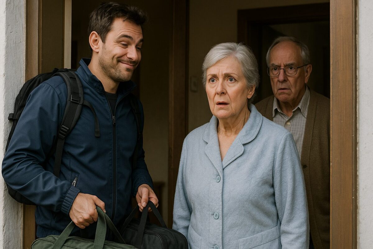 Молодой мужчина с нагловатой улыбкой стоит у входа, держа сумки, напротив пожилая женщина в халате с тревожным выражением и мужчина в очках, выглядывающий из-за её плеча. Сцена напряжённая, момент неожиданной встречи.