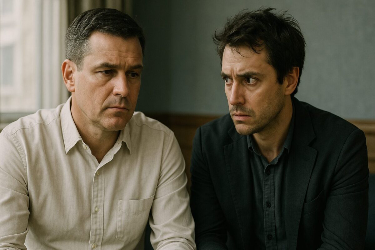 Два мужчины сидят рядом в офисной обстановке. Старший — ухоженный, в светлой рубашке, выглядит напряжённо и устало. Младший — в тёмном пиджаке, растрёпанные волосы, лицо настороженное, тревожное. Между ними чувствуется напряжение и скрытый конфликт.