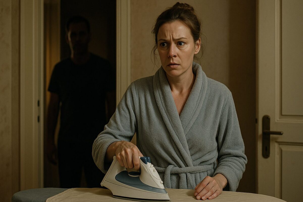 Женщина в домашнем халате замерла с утюгом в руках, лицо напряжённое и встревоженное. За её спиной в дверном проёме виден силуэт мужчины, сцена наполнена тревожной атмосферой и предчувствием конфликта.