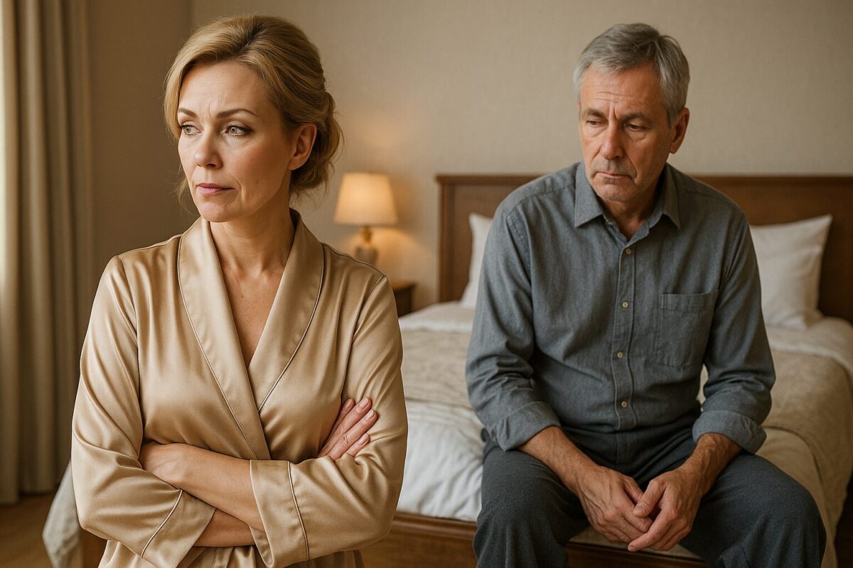 Марина Андреевна стоит с холодным, упрямым выражением лица, скрестив руки, в элегантном халате, на фоне уютной спальни. Игорь Владимирович сидит на краю кровати, слегка сутулится, глядит вниз с усталым, отстранённым видом. В воздухе — напряжение, отдалённость и еле уловимая ирония с ноткой грусти.