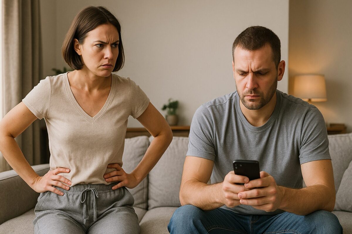 Женщина около 30 лет с коротким каре и злым выражением лица стоит с руками на бёдрах, глядя на мужчину около 35 лет с короткой стрижкой, который сидит на диване и упрямо смотрит в телефон. Атмосфера напряжённая, домашняя ссора.