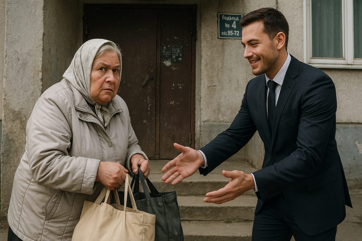 Пожилая женщина в светлой куртке и платке с настороженным взглядом сжимает сумки, в то время как молодой мужчина в дорогом костюме с улыбкой протягивает к ним руки на фоне старого подъезда панельного дома.