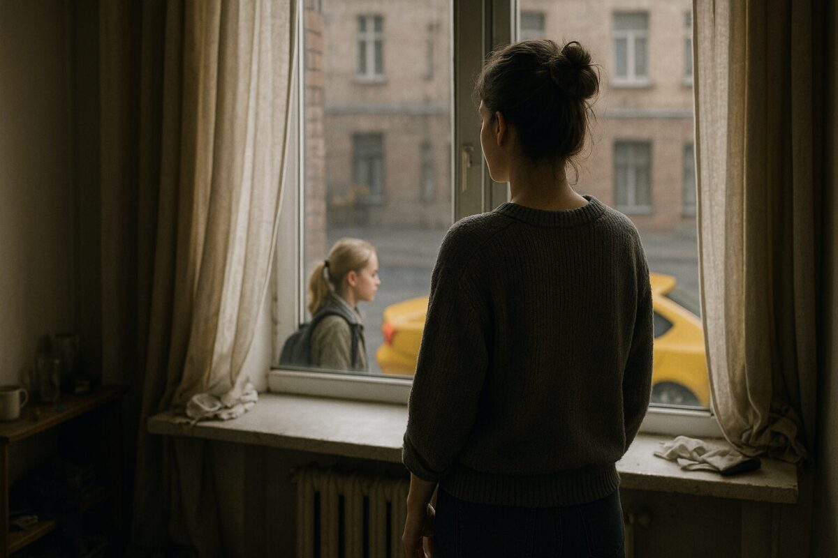 Молодая женщина стоит спиной у окна в тёмной комнате, за стеклом видно, как светловолосая девушка с рюкзаком садится в жёлтое такси на фоне городской улицы. Атмосфера — напряжённая тишина и отстранённость.