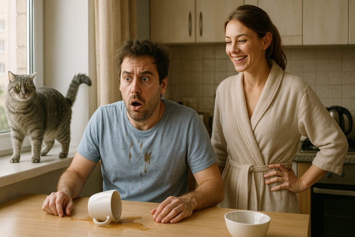 На кухне мужчина в домашней футболке с испуганным выражением и пятнами кофе на груди сидит за столом у опрокинутой чашки. Рядом с ним улыбающаяся женщина в халате, а на подоконнике — подпрыгнувший от испуга серый кот с настороженным взглядом.