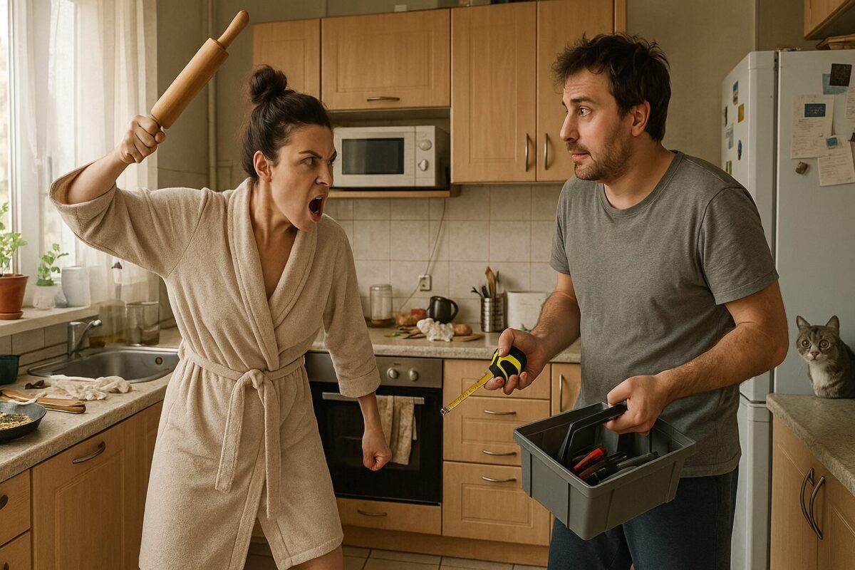 В светлой, немного неубранной кухне женщина в халате с пучком на голове угрожающе подняла скалку над головой. Перед ней мужчина с виноватой улыбкой держит рулетку и ящик с инструментами. В углу выглядывает настороженный кот. Атмосфера — напряжённая с юмористическим оттенком, сцена напоминает начало бытового конфликта.