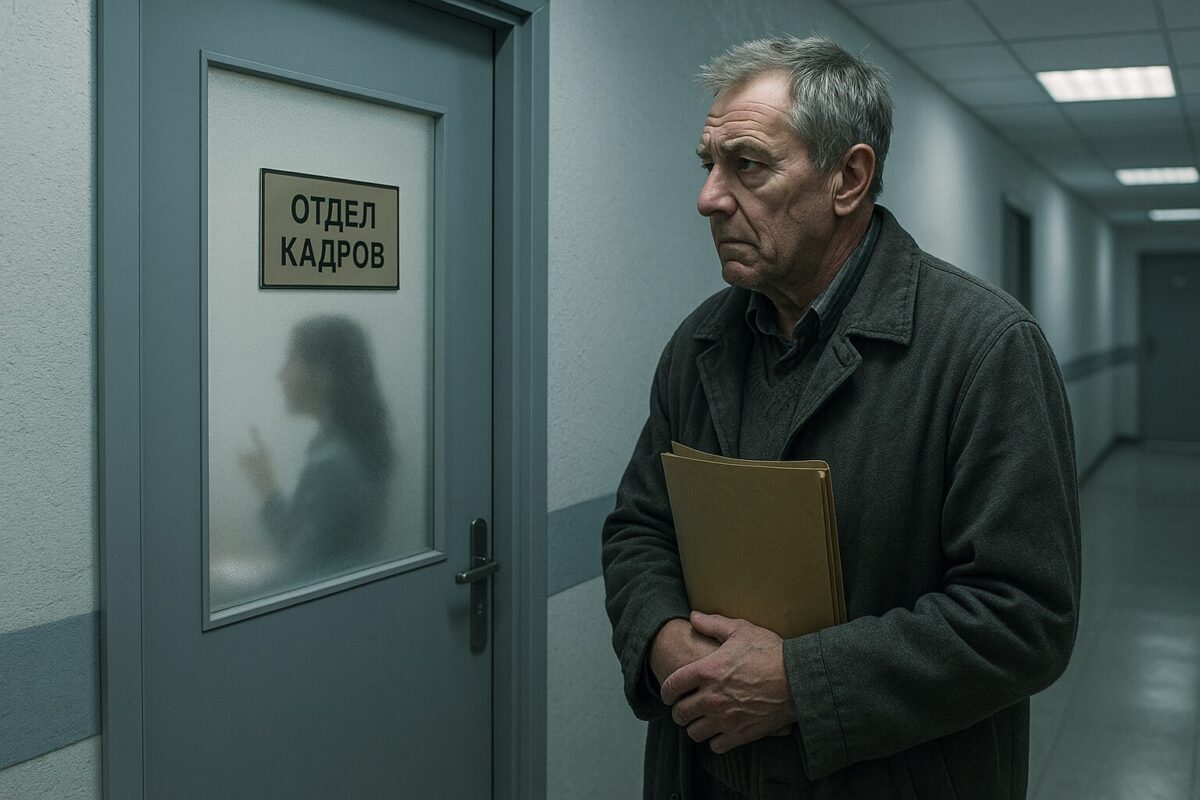 Пожилой мужчина с папкой стоит в холодном офисном коридоре перед дверью с табличкой "Отдел кадров"; за матовым стеклом виден силуэт молодой женщины.