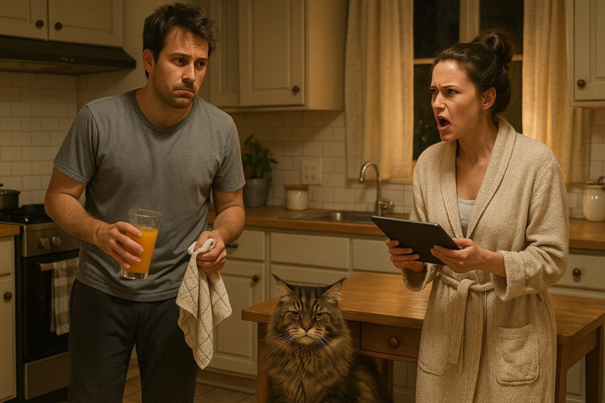 На кухне в тёплом вечернем освещении мужчина с виноватым выражением лица держит стакан сока и полотенце, рядом женщина в халате с возмущённым лицом держит планшет. Между ними на полу сидит крупный мейн-кун с недовольной мордой.
